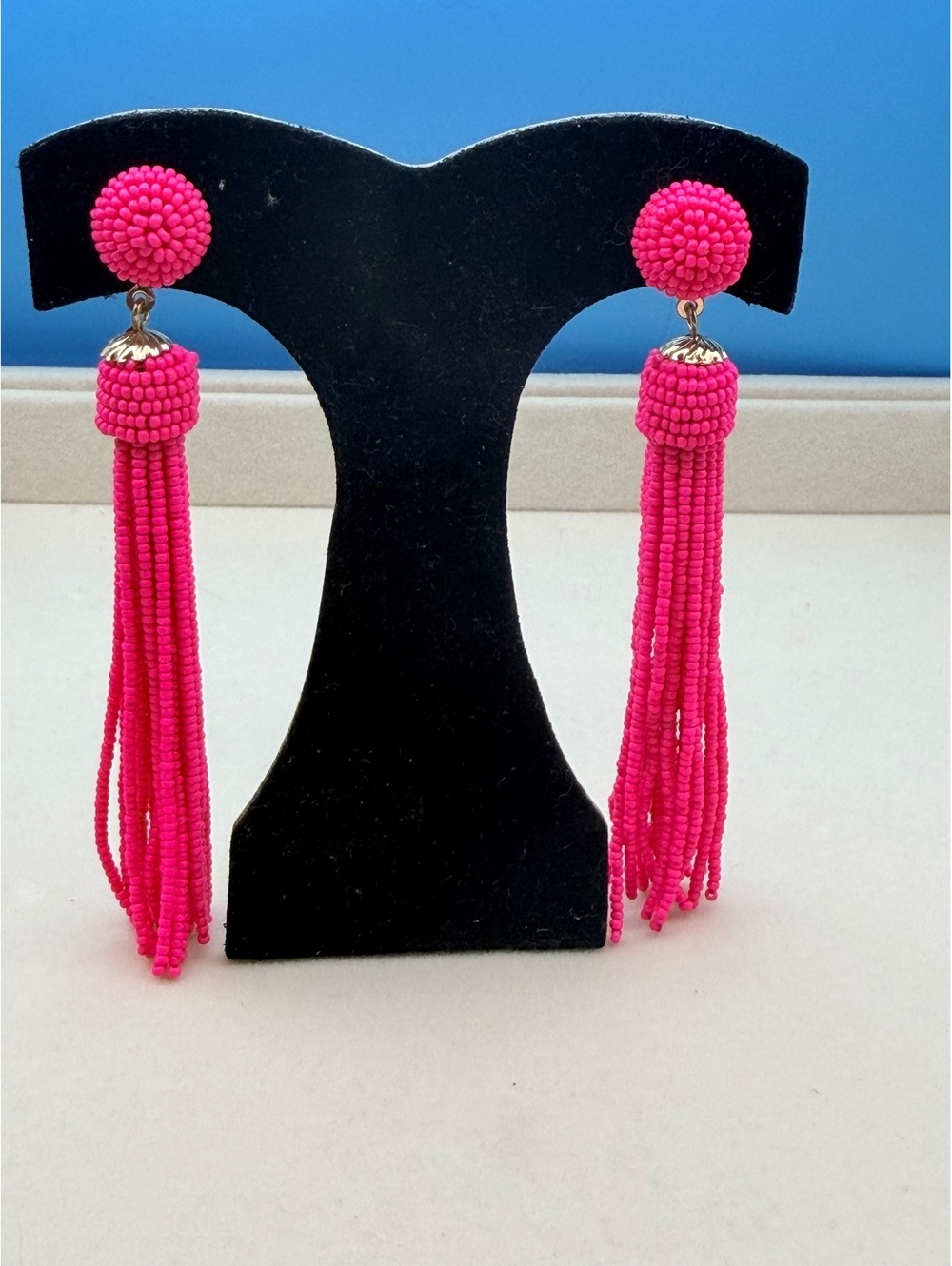 Hot pink beaded tassel earrings